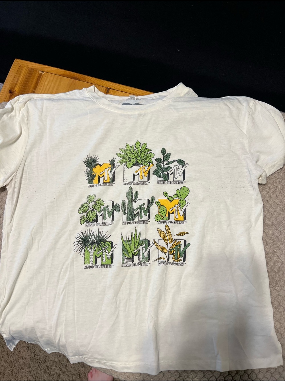 Maurices White Tee with Green & Yellow Plant Graphic Grid